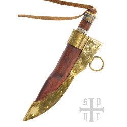 Petit couteau viking, acier damassé, manche bois/os avec motif Torslunda 