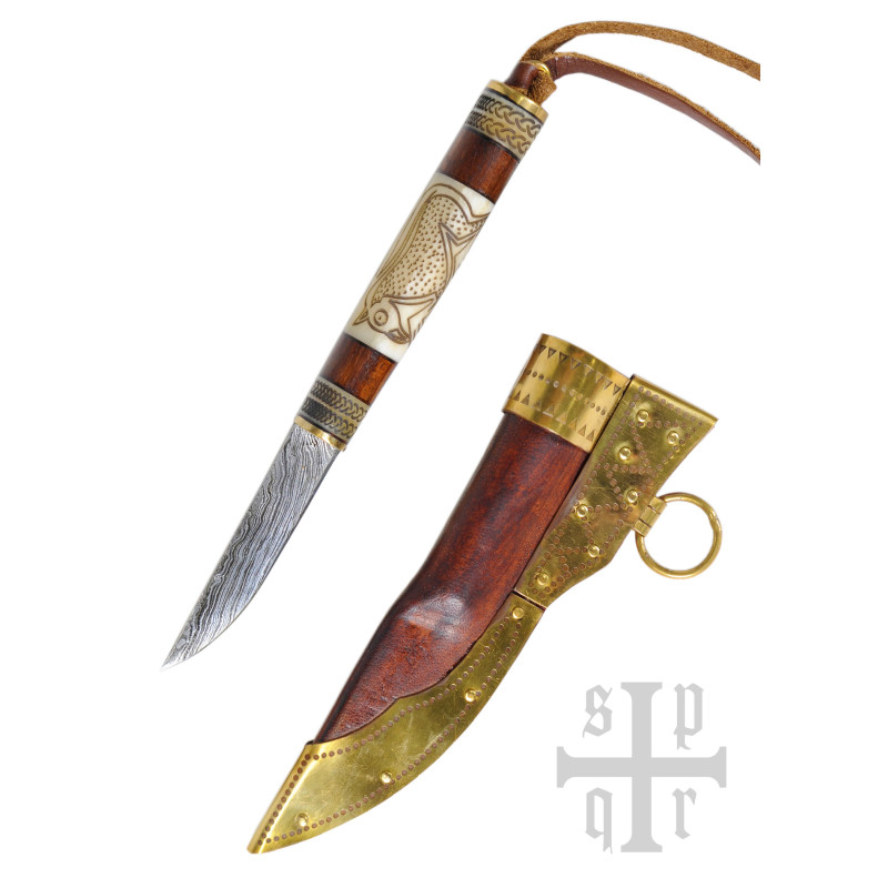 Petit couteau viking, acier damassé, manche bois/os avec motif Torslunda