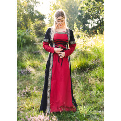 Robe médiévale Eleanor, avec capuche, rouge foncé et noir