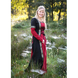 Robe médiévale Eleanor, avec capuche, rouge foncé et noir 